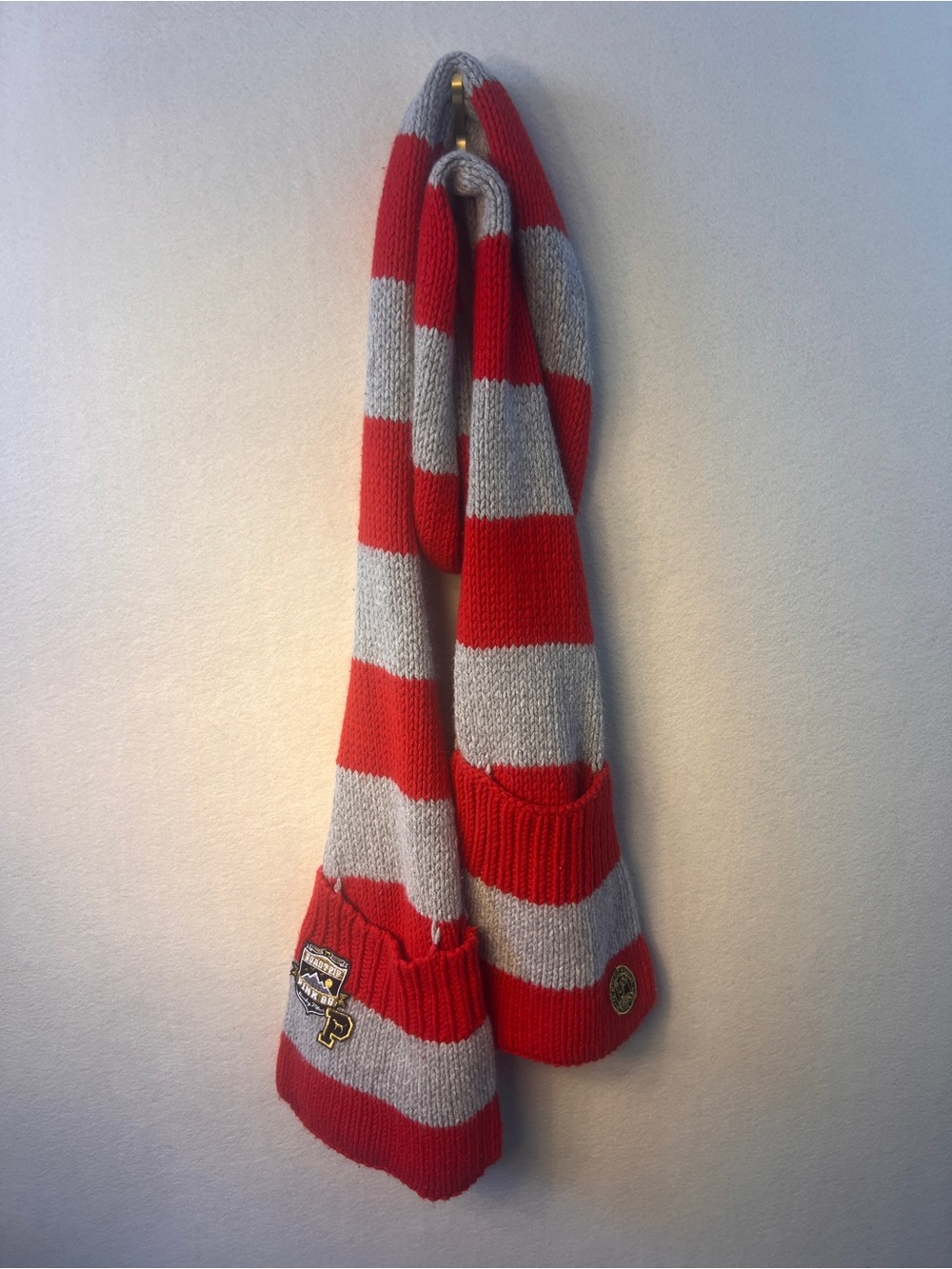 PINK Victoria's Secret Red and Gray Striped Knit Scarf with Pocket Patches - Picture 1 of 5